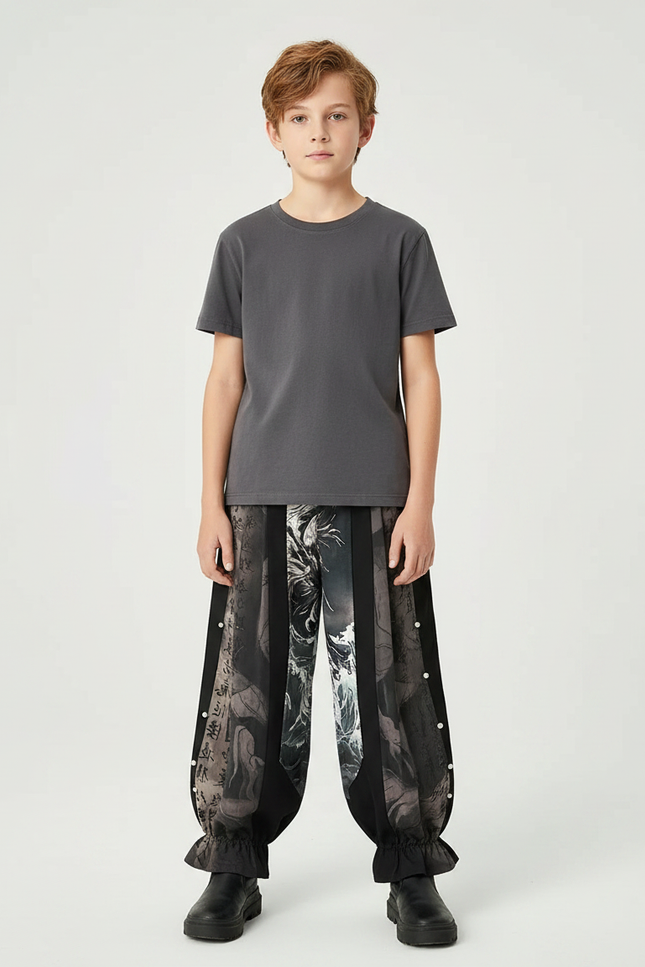 Pantalon Chinois Imprimé Ample Noir Enfant Hanfu - Polyester