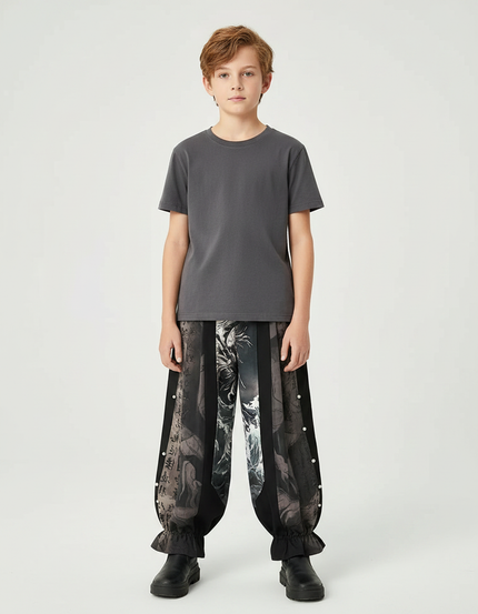 Pantalon Chinois Imprimé Ample Noir Enfant Hanfu - Polyester