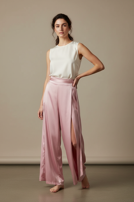 Pantalon Chinois Rose Satiné Ample Fluide Élégant