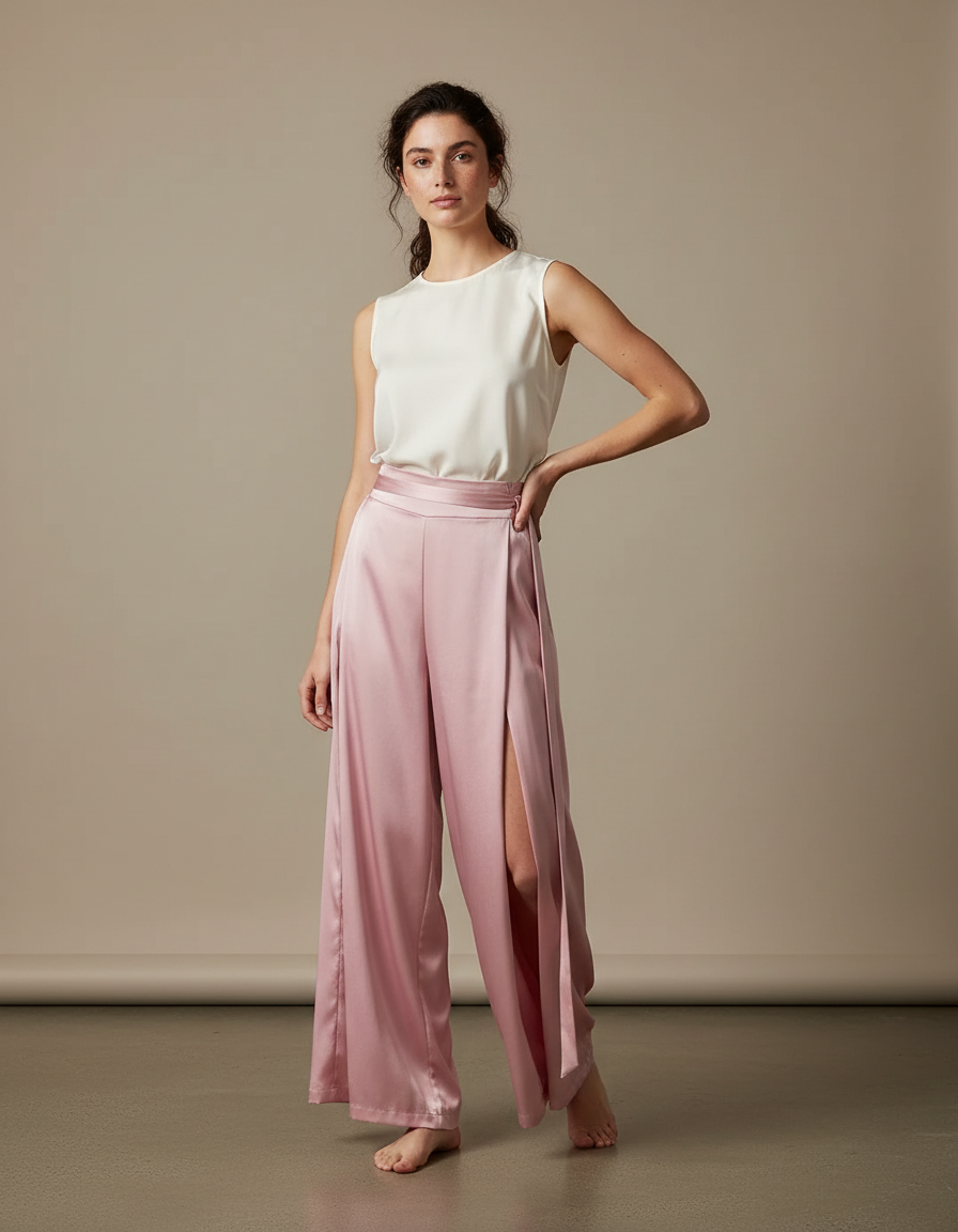 Pantalon Chinois Rose Satiné Ample Fluide Élégant
