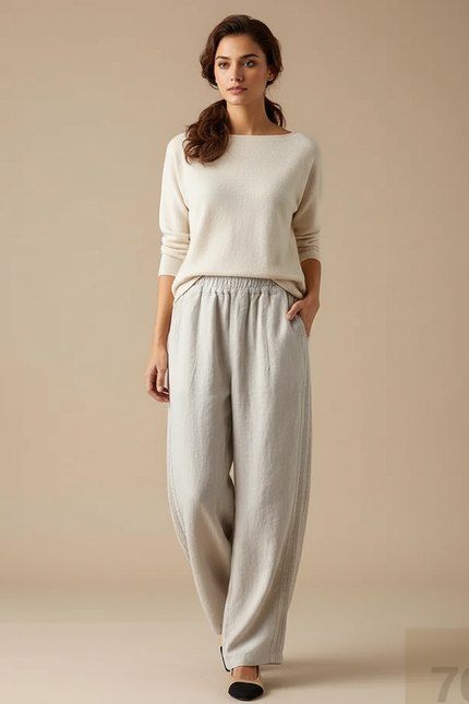 Pantalon Chinois Lin Ample Beige Décontracté Tendance