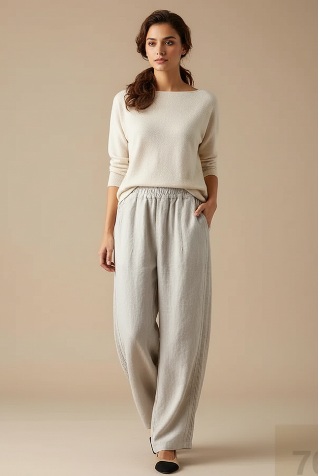 Pantalon Chinois Lin Ample Beige Décontracté Tendance