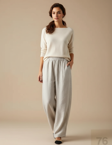 Pantalon Chinois Lin Ample Beige Décontracté Tendance