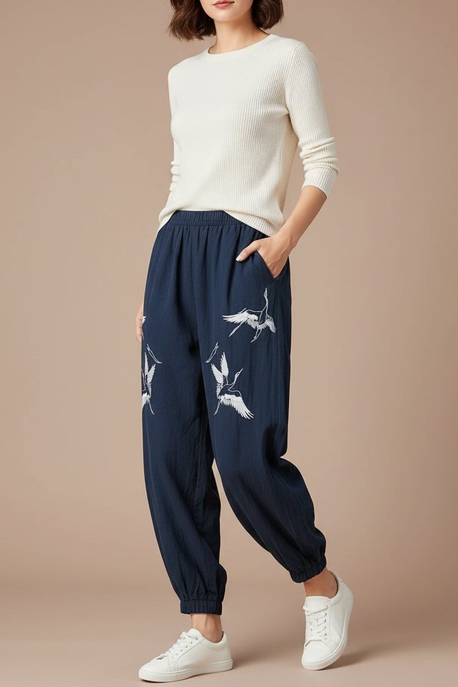 Pantalon Chinois Bleu Marine Brodé Grue Ample Décontracté - Lin