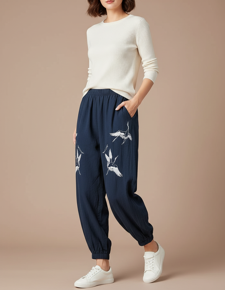 Pantalon Chinois Bleu Marine Brodé Grue Ample Décontracté - Lin