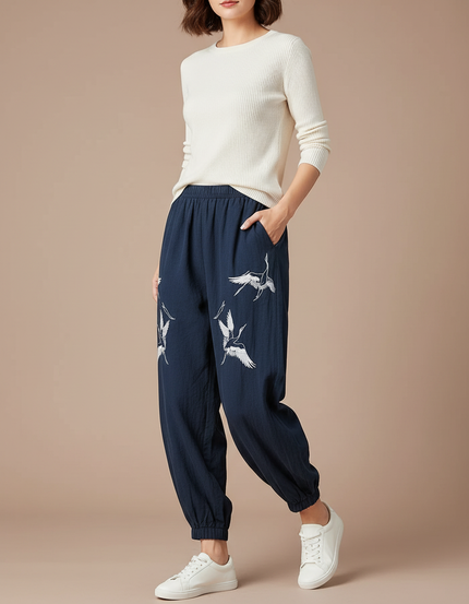 Pantalon Chinois Bleu Marine Brodé Grue Ample Décontracté - Lin