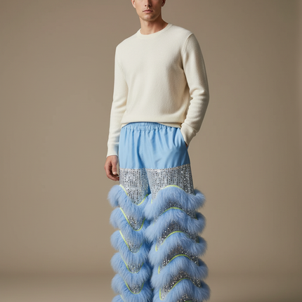 Pantalon Chinois Bleu Fourrure Scintillant Festif Homme - Polyester