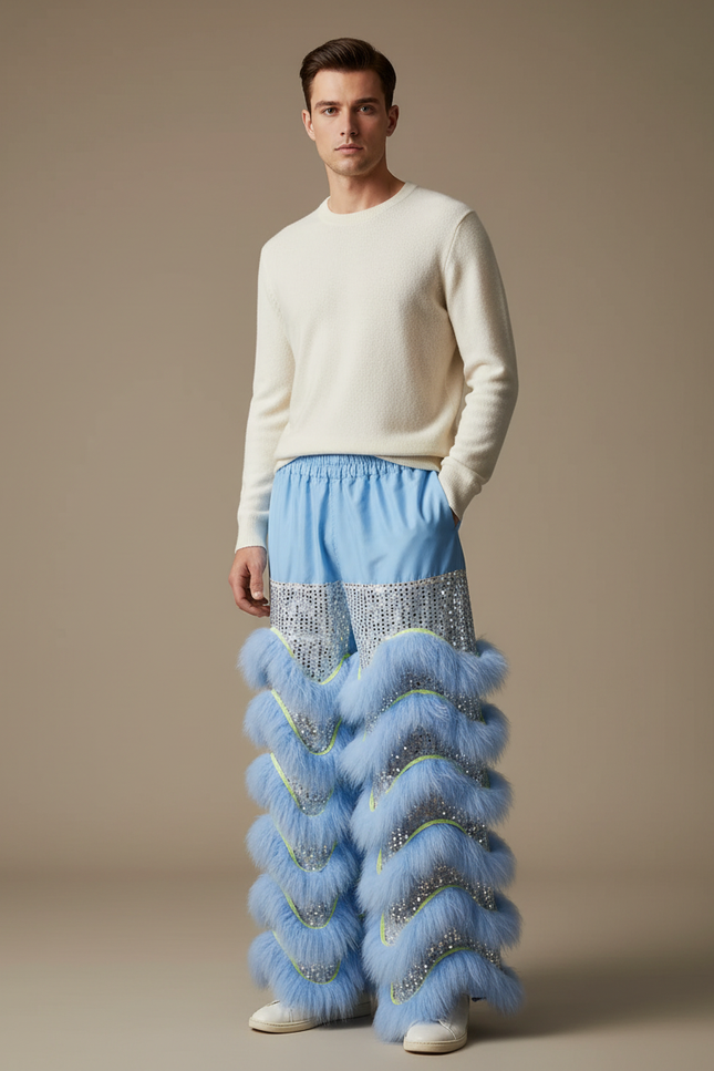 Pantalon Chinois Bleu Fourrure Scintillant Festif Homme - Polyester