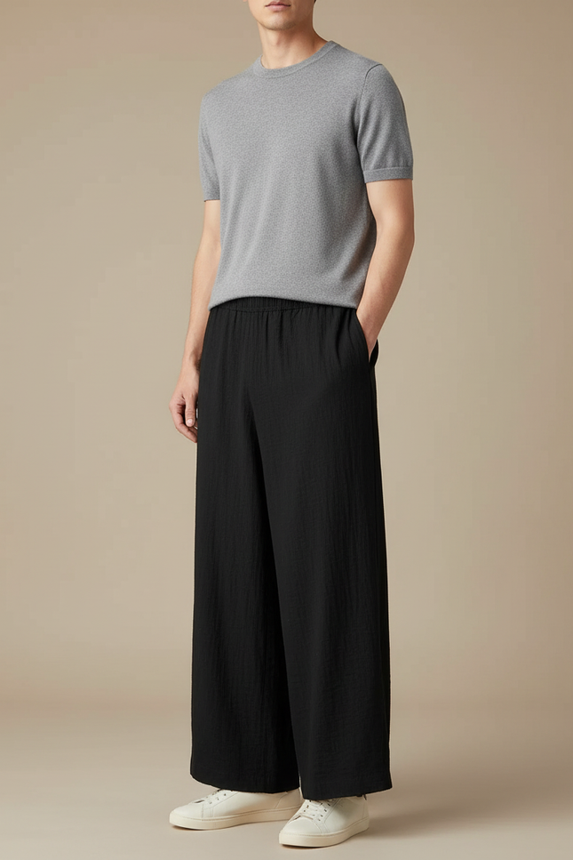 Pantalon Chinois Noir Ample Coton Plissé Décontracté
