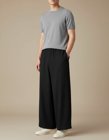 Pantalon Chinois Noir Ample Coton Plissé Décontracté