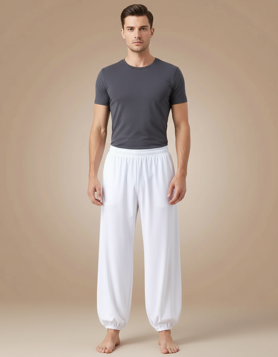 Pantalon Chinois Blanc Ample Fluide Élastiqué Homme - Viscose