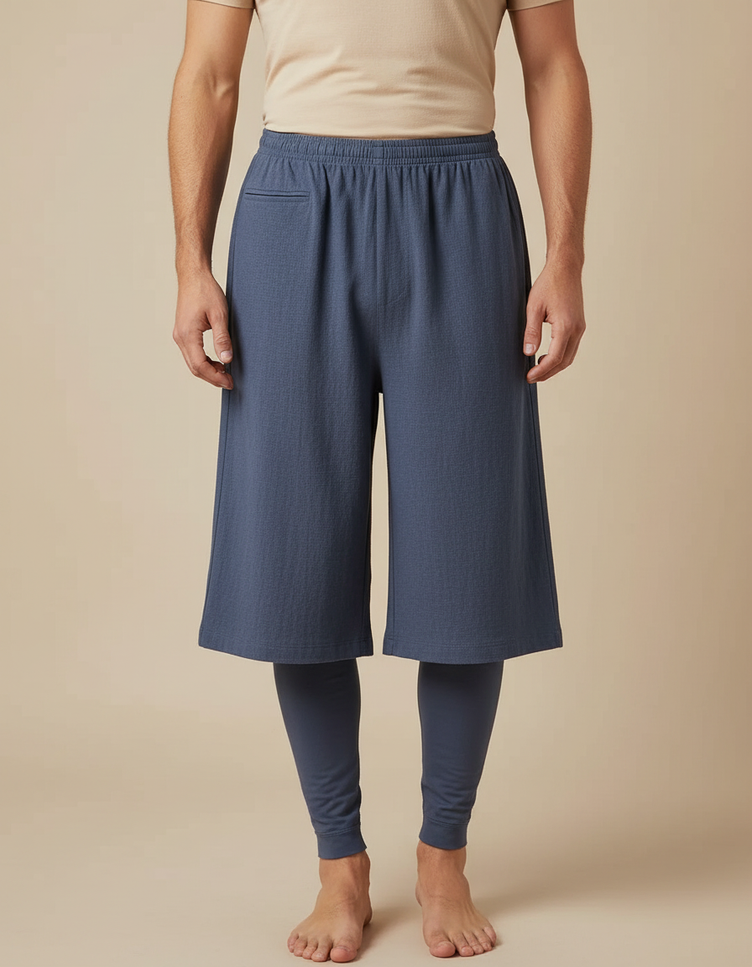 Pantalon Chinois Ample Coton Lin Moine Bleu