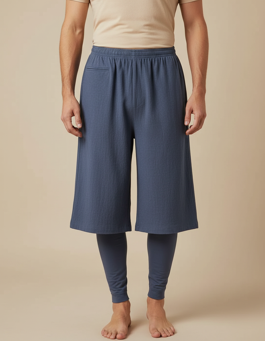 Pantalon Chinois Ample Coton Lin Moine Bleu