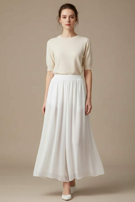 Pantalon Chinois Blanc Fluide Chiffon Élégant Ample - Polyester