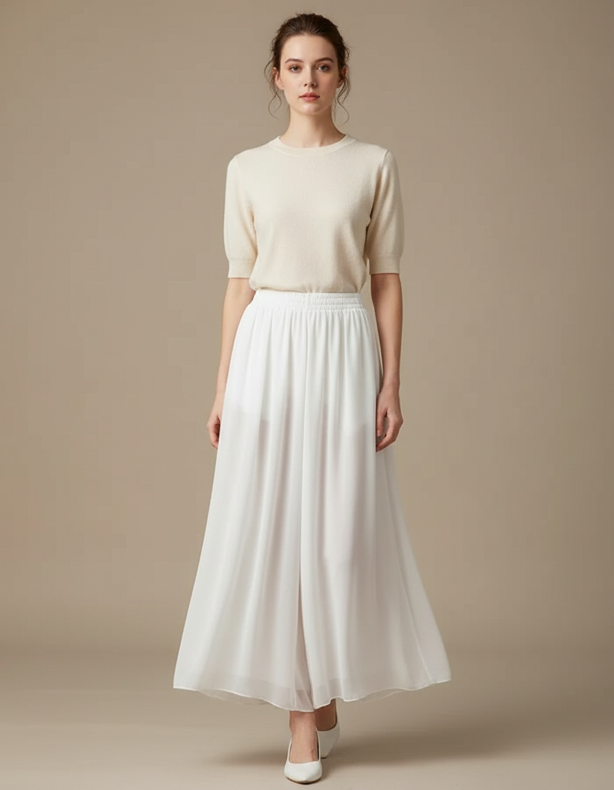 Pantalon Chinois Blanc Fluide Chiffon Élégant Ample - Polyester