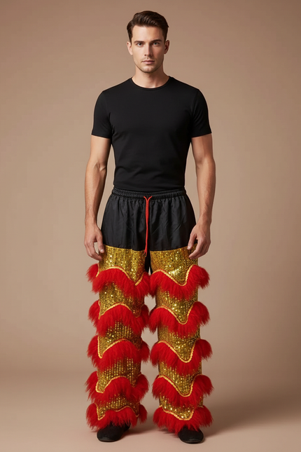 Pantalon Chinois Lion Danse Scintillant Rouge Doré Homme - Multicolore Polyester