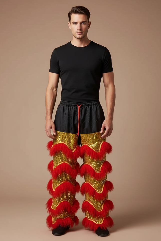Pantalon Chinois Lion Danse Scintillant Rouge Doré Homme - Multicolore Polyester