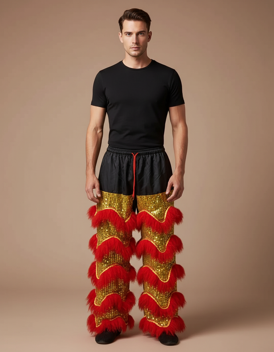 Pantalon Chinois Lion Danse Scintillant Rouge Doré Homme - Multicolore Polyester