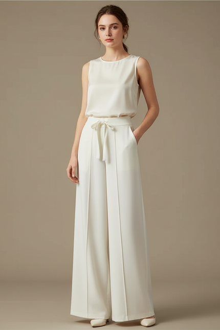 Pantalon Chinois Blanc Fluide Taille Haute Large - Viscose
