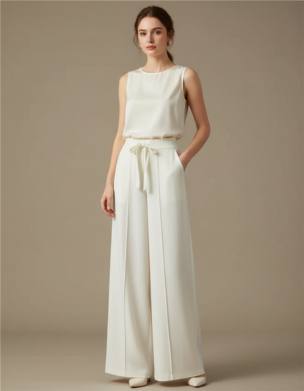 Pantalon Chinois Blanc Fluide Taille Haute Large - Viscose