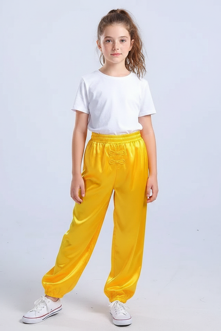 Pantalon Chinois Jaune Satiné Souple Wushu Enfant