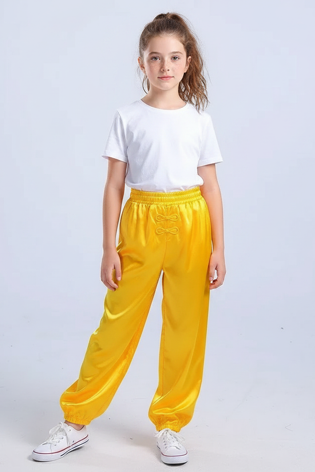 Pantalon Chinois Jaune Satiné Souple Wushu Enfant