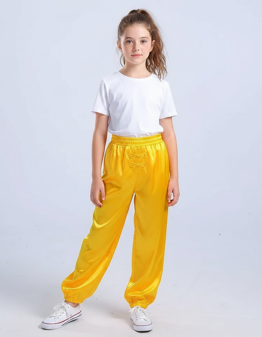 Pantalon Chinois Jaune Satiné Souple Wushu Enfant
