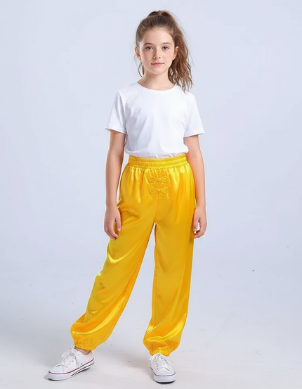 Pantalon Chinois Jaune Satiné Souple Wushu Enfant