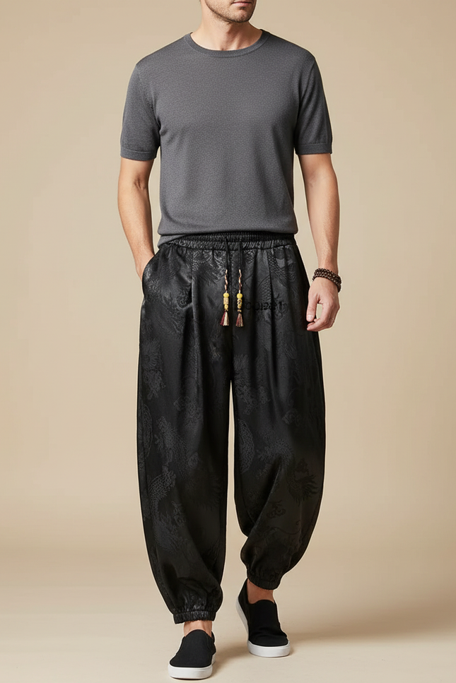 Pantalon Chinois Noir Ample Dragon Satin Homme