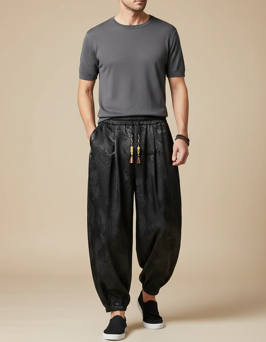 Pantalon Chinois Noir Ample Dragon Satin Homme