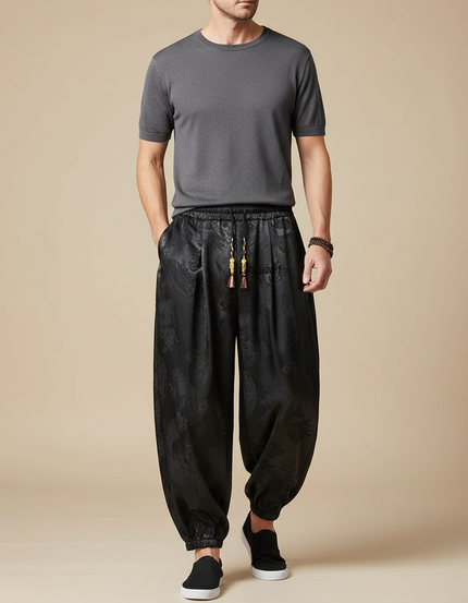 Pantalon Chinois Noir Ample Dragon Satin Homme