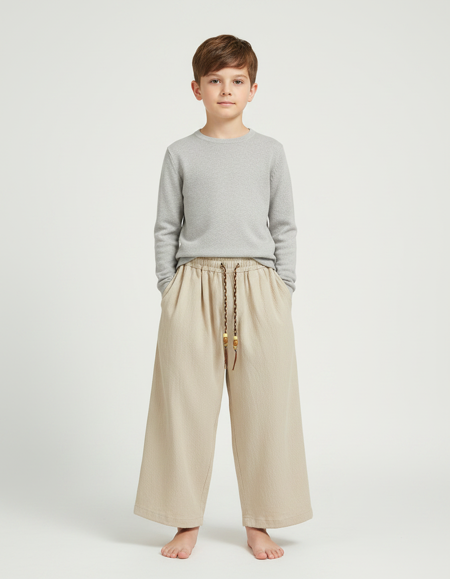 Pantalon Chinois Beige Ample Garçon Décontracté Coton