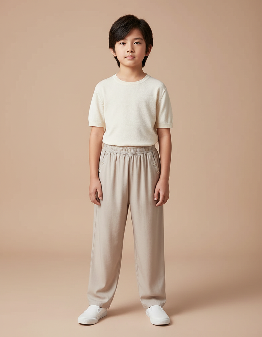 Pantalon Chinois Beige Ample Décontracté Enfant Coton - Viscose