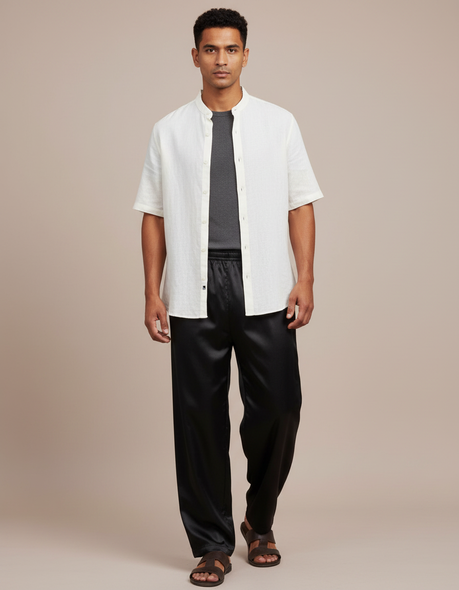 Pantalon Chinois Noir Satiné Ample Homme Élégant