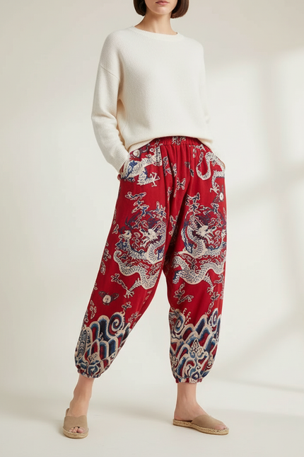 Pantalon Chinois Rouge Dragon Ample Harem Coton