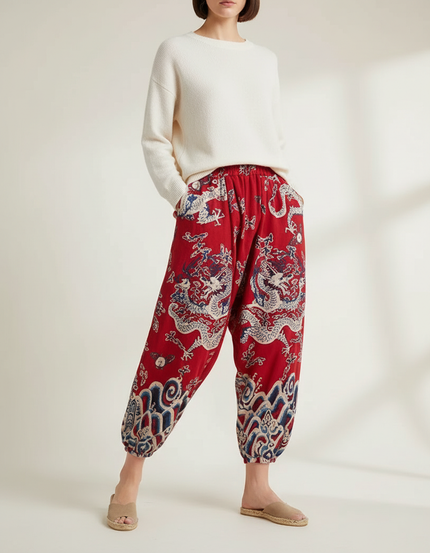 Pantalon Chinois Rouge Dragon Ample Harem Coton