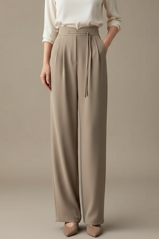 Pantalon Chinois Taille Haute Fluide Droit Élégant Beige - Viscose