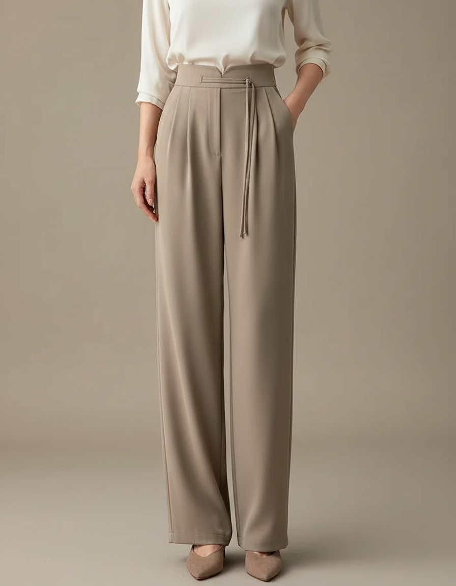 Pantalon Chinois Taille Haute Fluide Droit Élégant Beige - Viscose