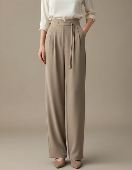 Pantalon Chinois Taille Haute Fluide Droit Élégant Beige - Viscose