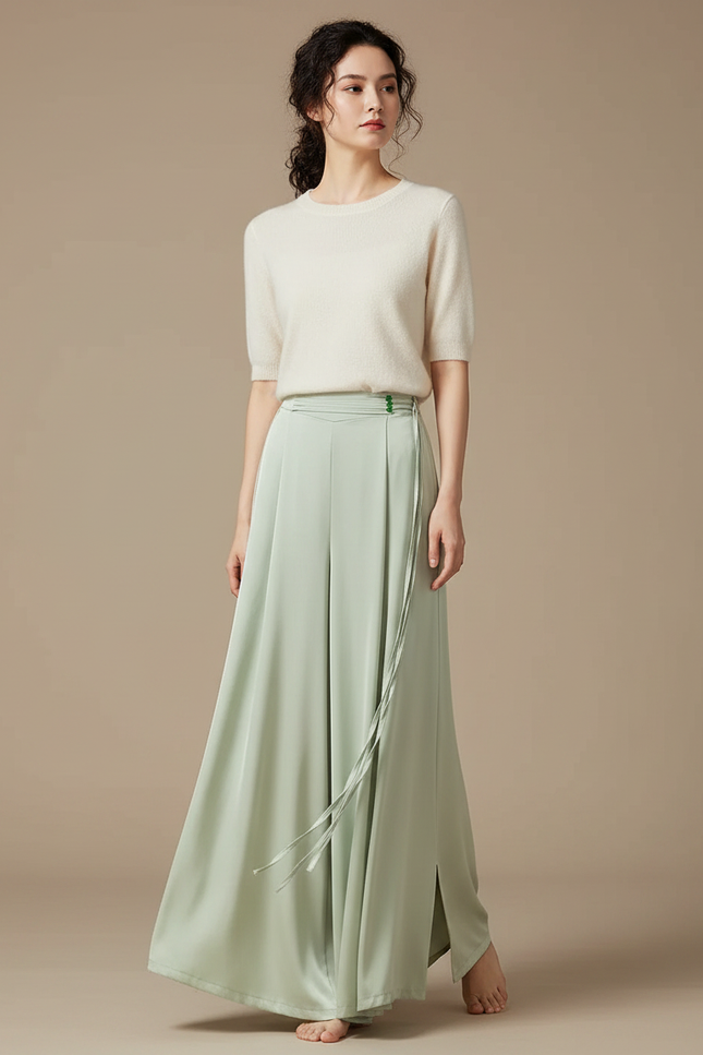 Pantalon Chinois Vert Clair Fluide Large Femme - Satin