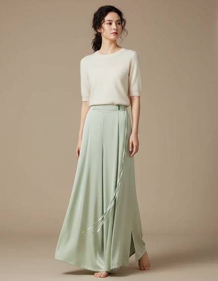 Pantalon Chinois Vert Clair Fluide Large Femme - Satin
