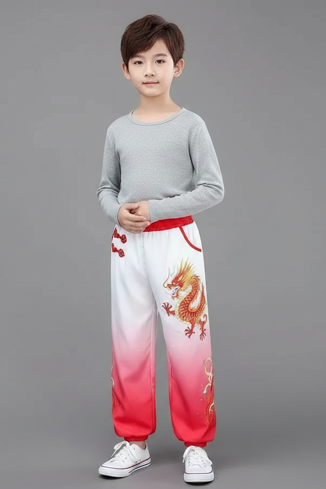 Pantalon Chinois Blanc Rouge Dégradé Dragon Brodé Enfant - Multicolore Polyester