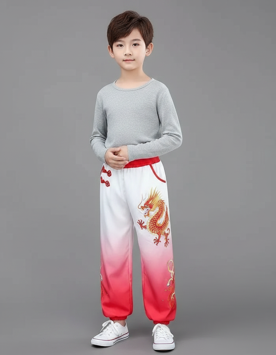 Pantalon Chinois Blanc Rouge Dégradé Dragon Brodé Enfant - Multicolore Polyester