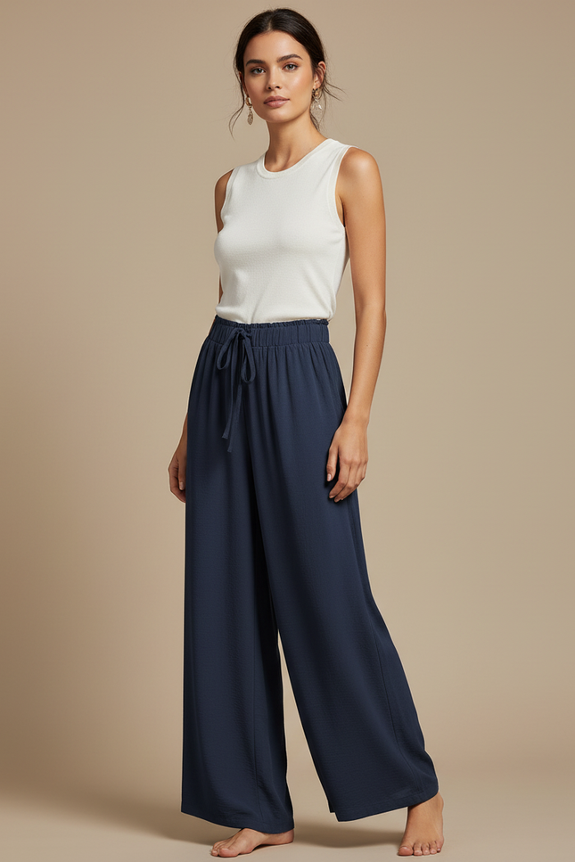 Pantalon Chinois Bleu Marine Fluide Ample Cordon Décontracté - Viscose