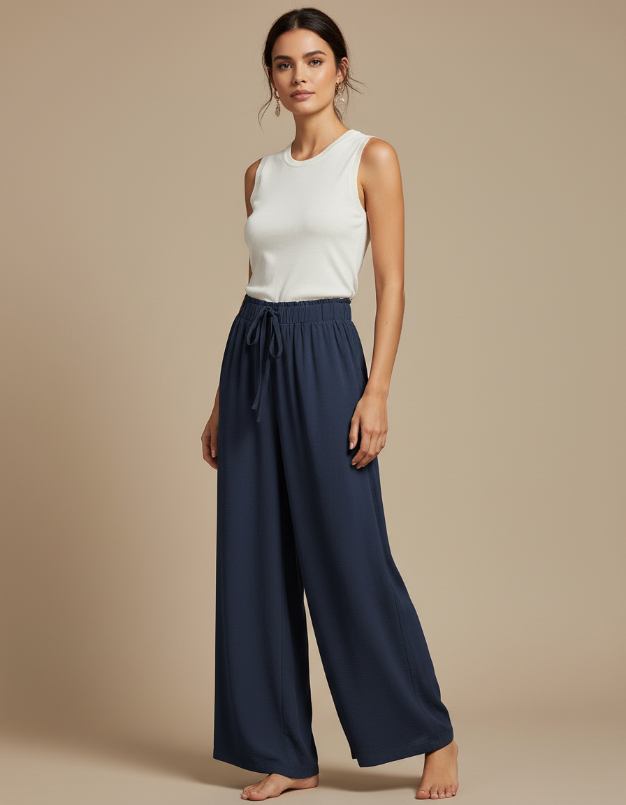 Pantalon Chinois Bleu Marine Fluide Ample Cordon Décontracté - Viscose
