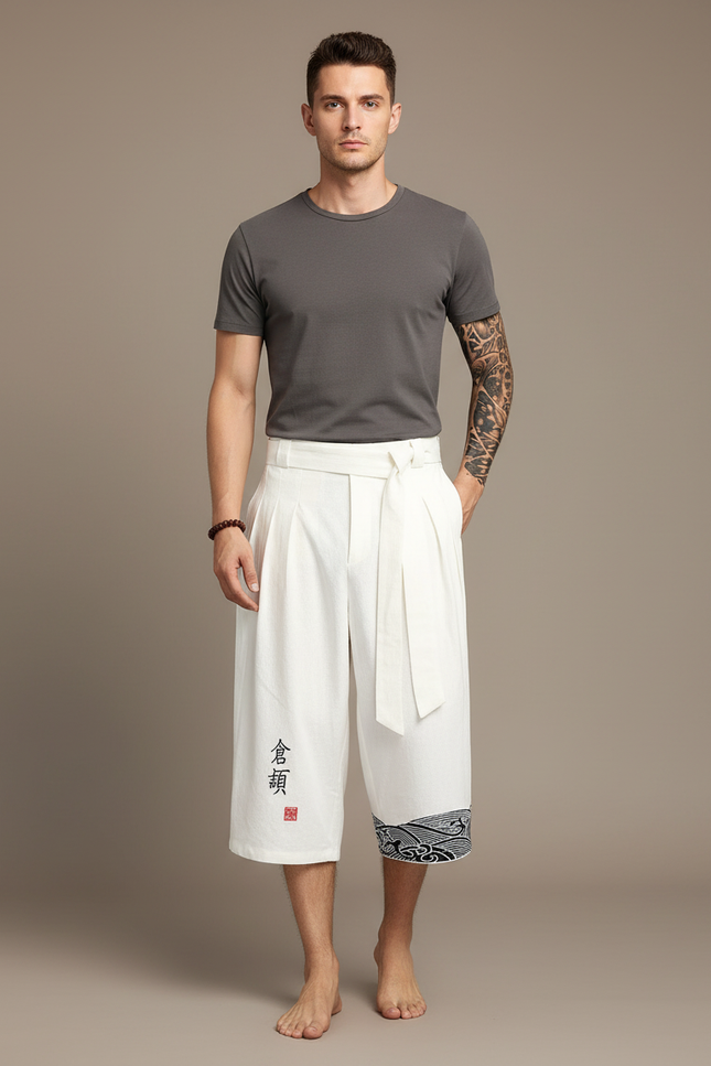 Pantalon Chinois Blanc Lin Ample Ceinturé Vagues