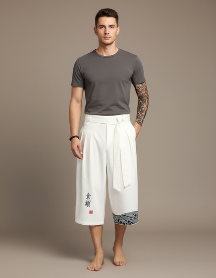 Pantalon Chinois Blanc Lin Ample Ceinturé Vagues