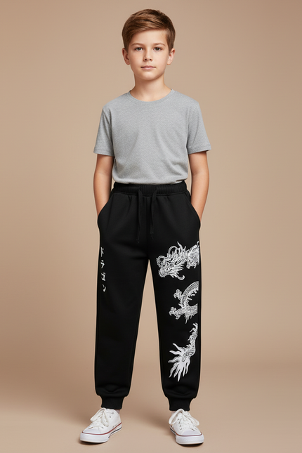Pantalon Chinois Noir Dragon Brodé Ample Garçon - Molleton