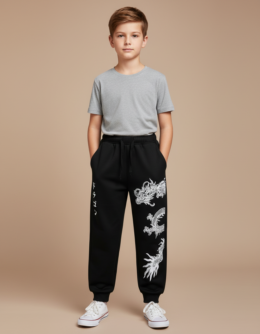 Pantalon Chinois Noir Dragon Brodé Ample Garçon - Molleton