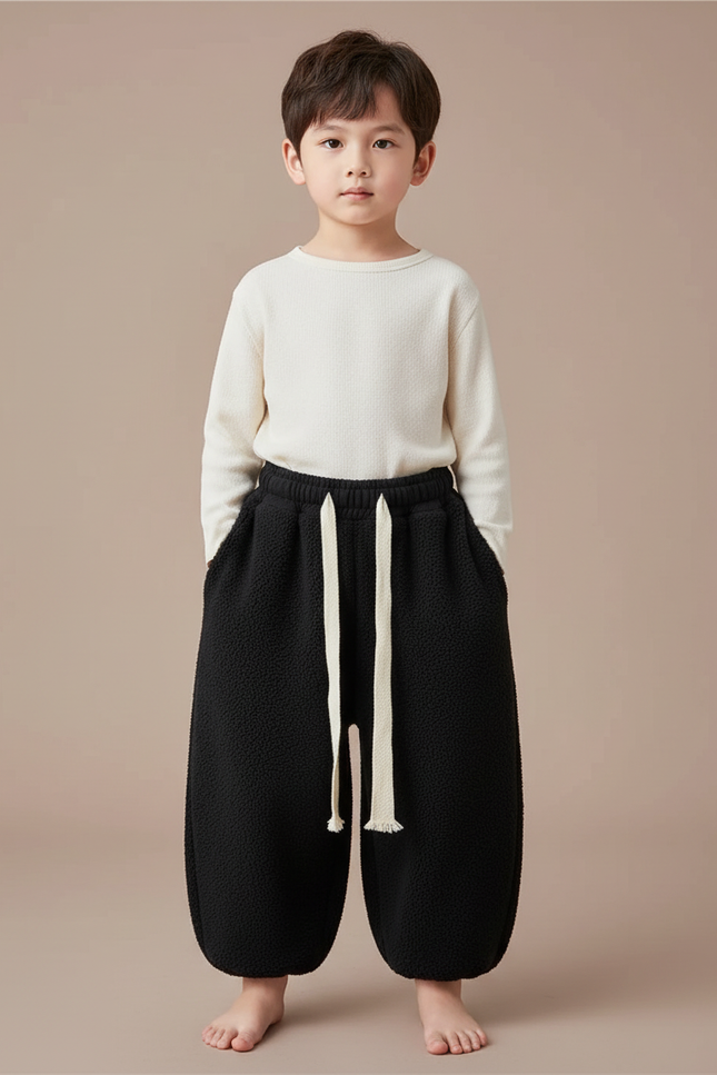 Pantalon Chinois Noir Polaire Ample Décontracté Garçon - Molleton